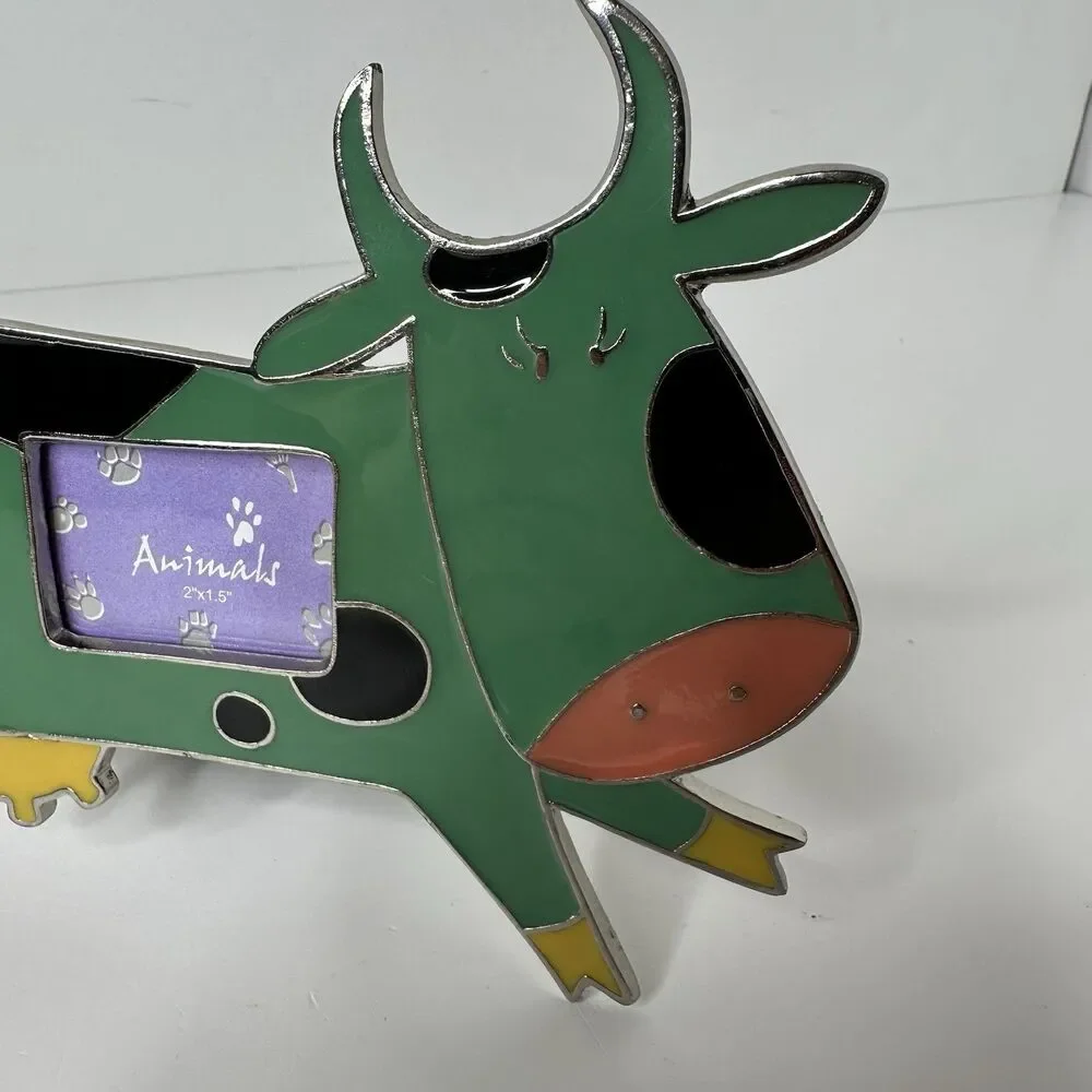 Green Cow Metal Enamel Picture Frame Standing‎ 2 x 1.5” Whimsical Nursery Farm